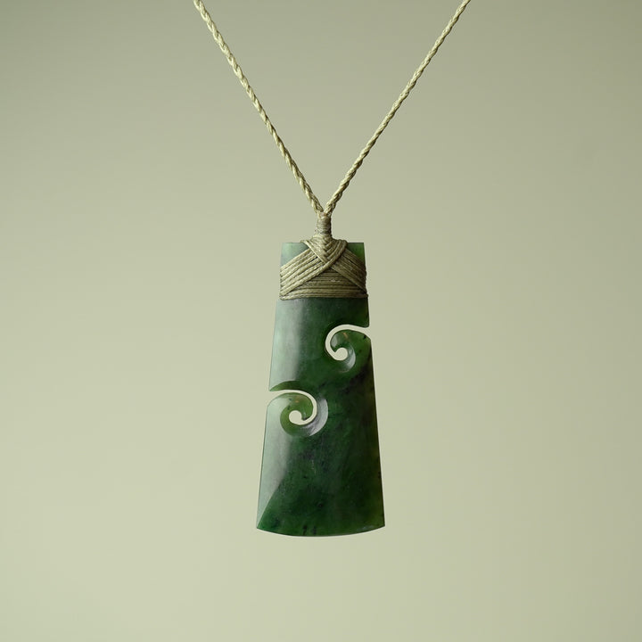 Large Pounamu Toki with Koru, Khaki Binding