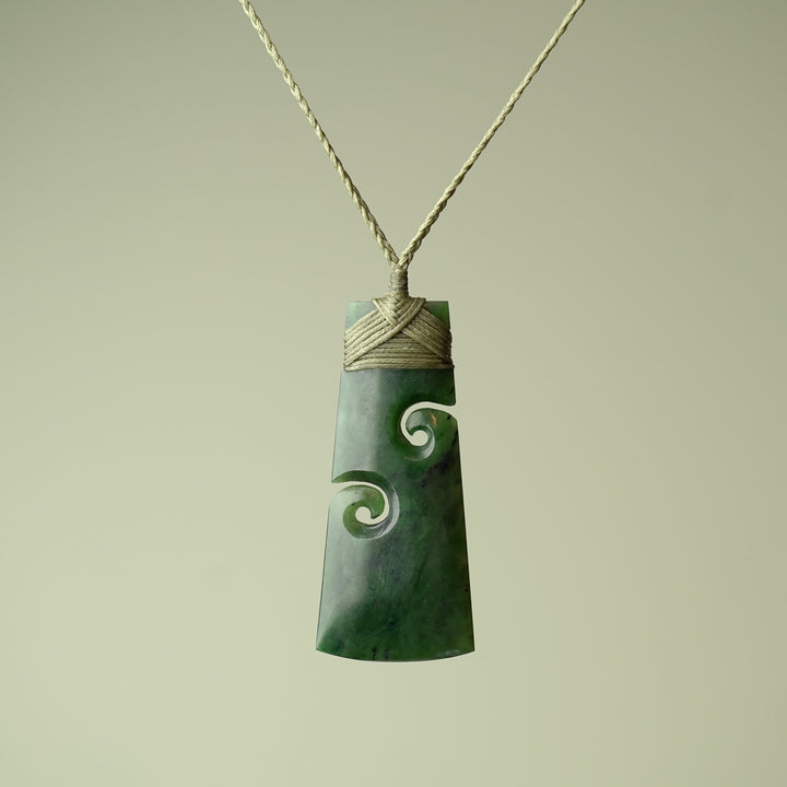 Large Pounamu Toki with Koru, Khaki Binding