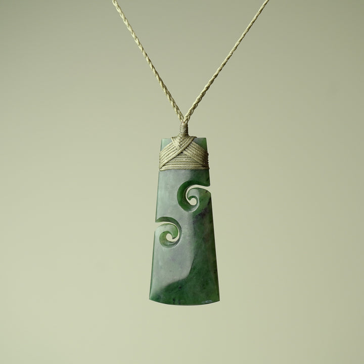 Large Pounamu Toki with Koru, Khaki Binding