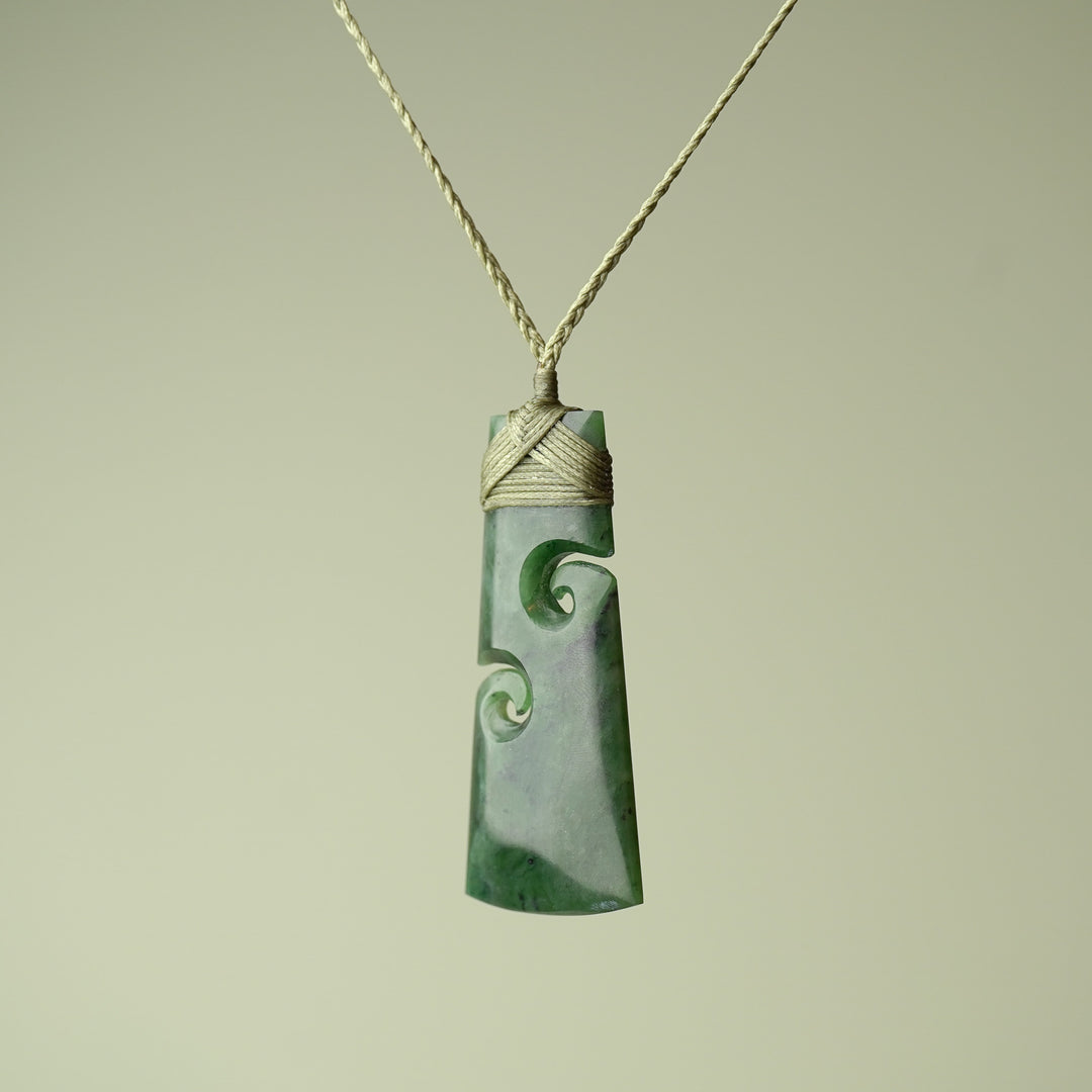 Large Pounamu Toki with Koru, Khaki Binding