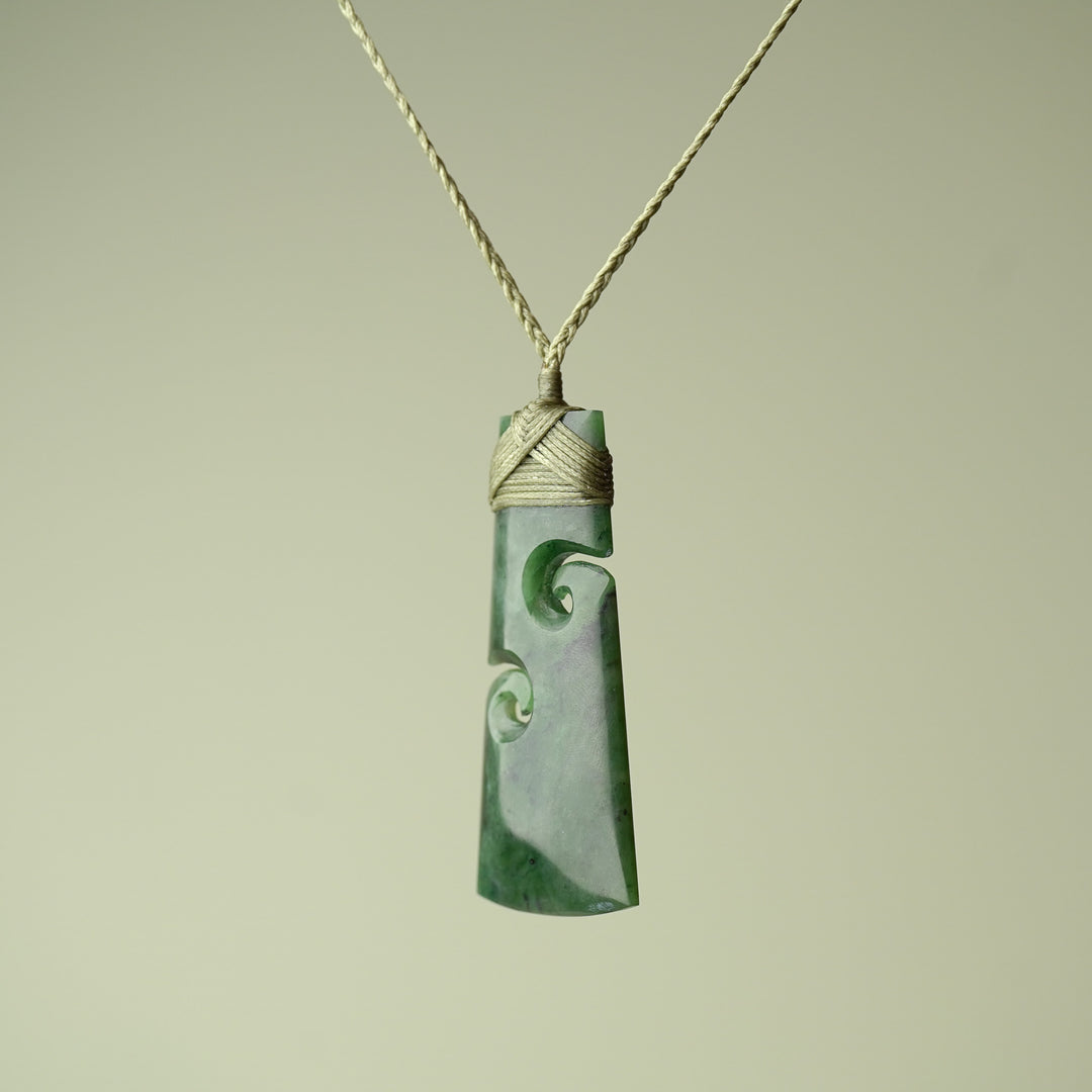 Large Pounamu Toki with Koru, Khaki Binding