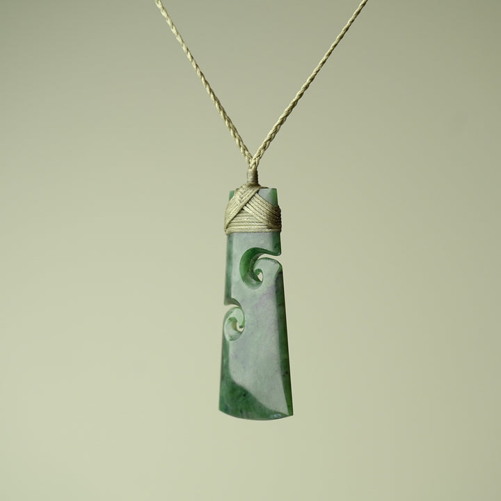 Large Pounamu Toki with Koru, Khaki Binding