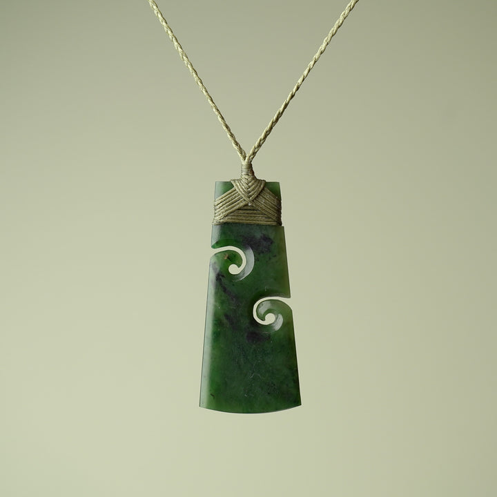 Large Pounamu Toki with Koru, Khaki Binding