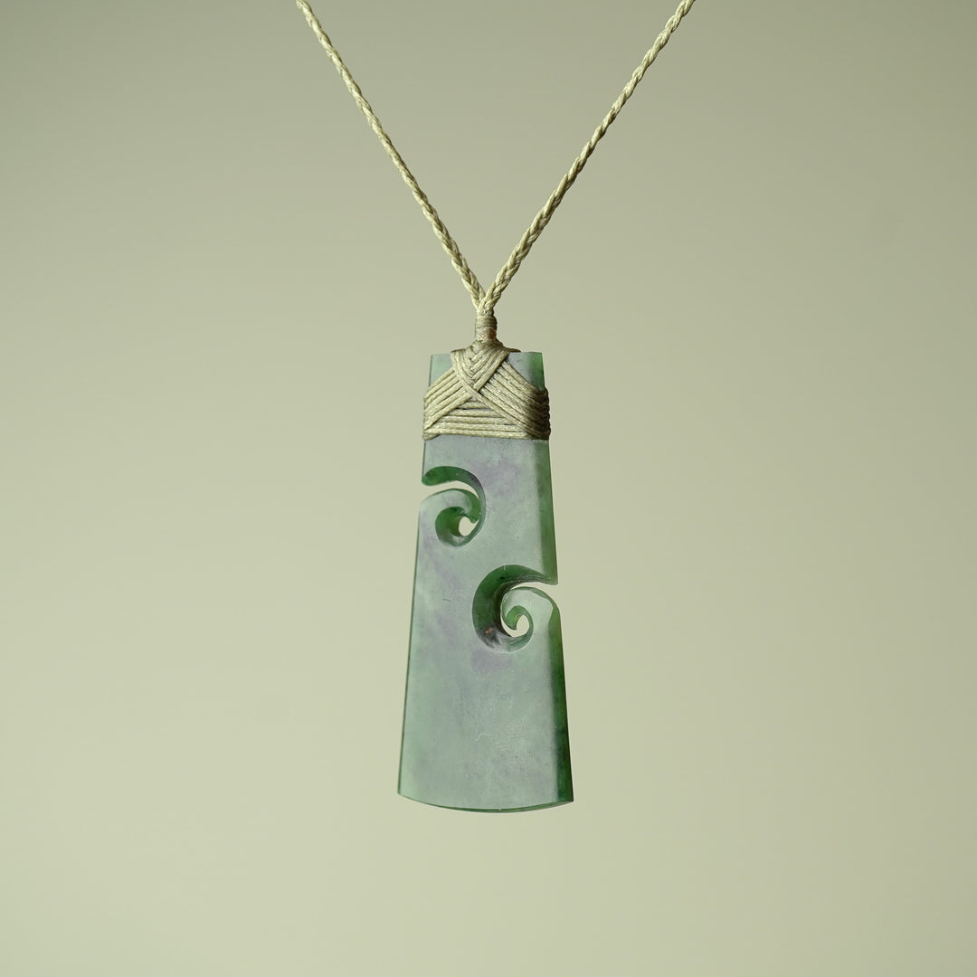 Large Pounamu Toki with Koru, Khaki Binding